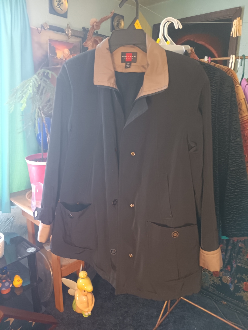 Gallery Black Trench Coat with Tan Contrast Collar and Cuffs